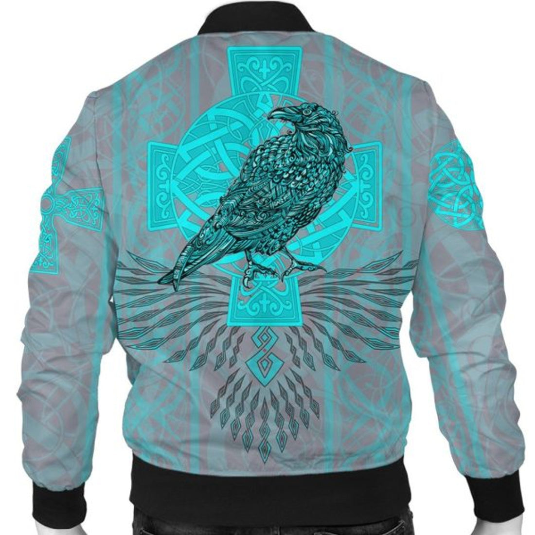 FUNSTUFFPRINT Bomber Jacket Odin's Celtic Raven - Scandinavian Tattoo Style Cyan 3D Bomber Jacket