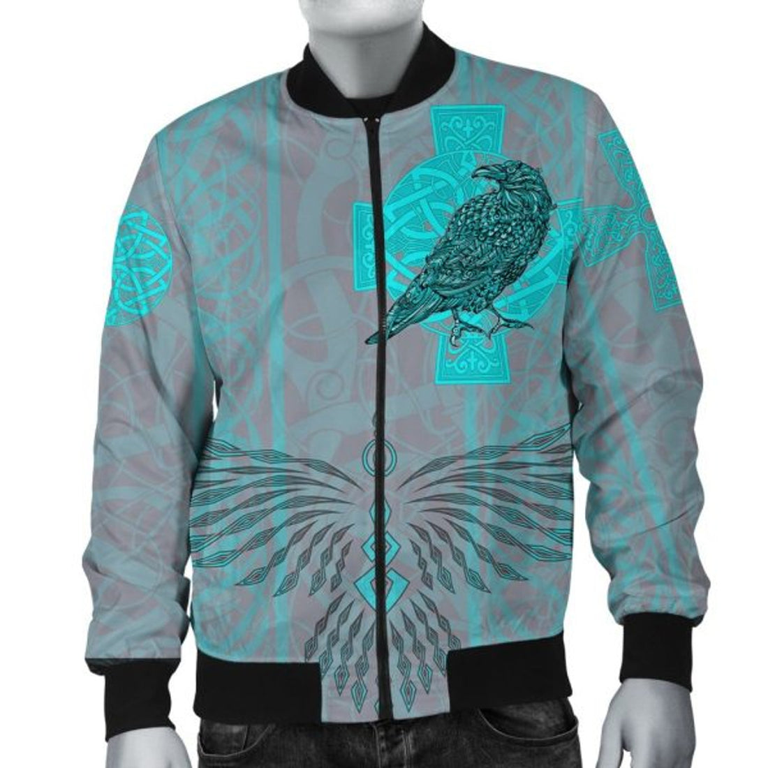FUNSTUFFPRINT Bomber Jacket Odin's Celtic Raven - Scandinavian Tattoo Style Cyan 3D Bomber Jacket