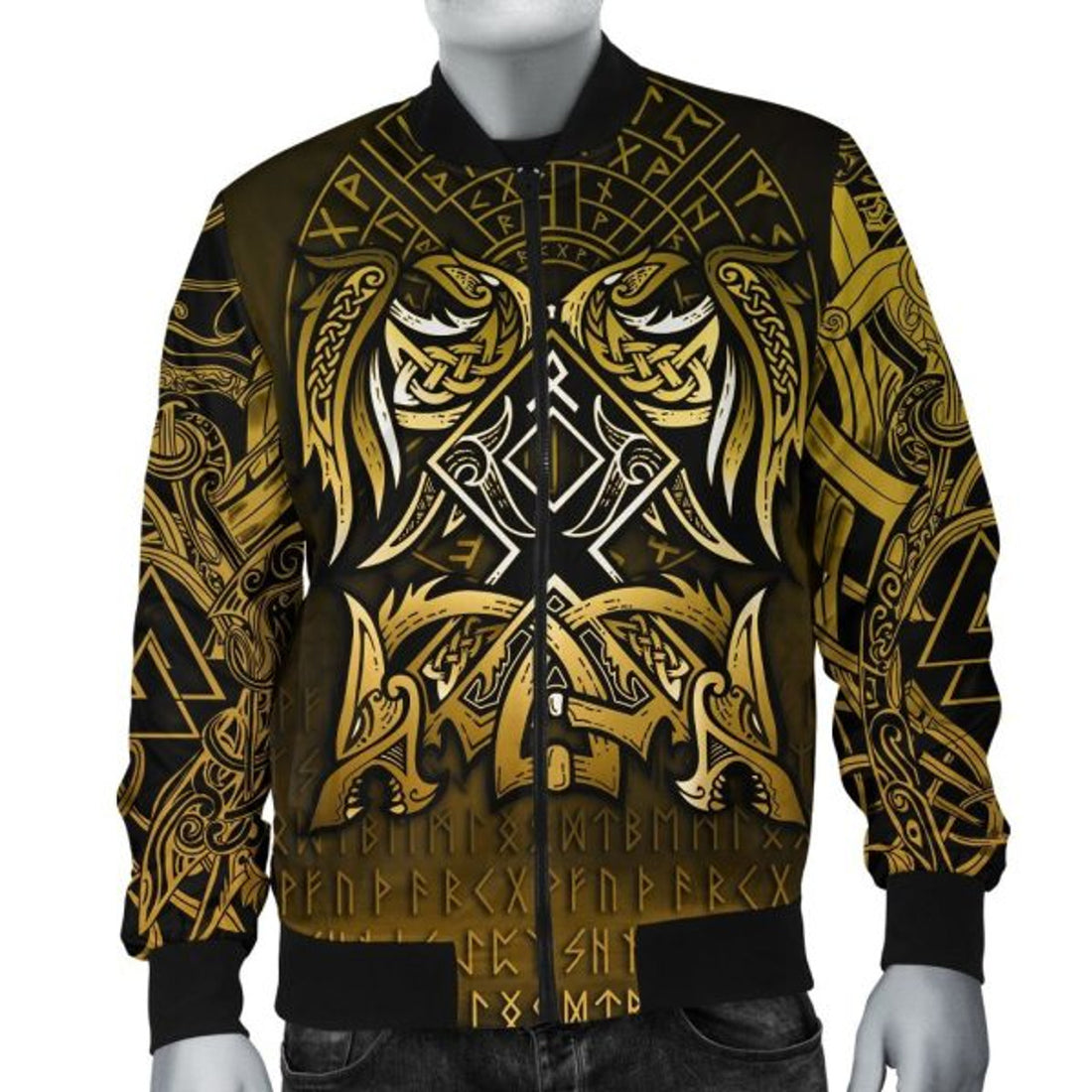 FUNSTUFFPRINT Bomber Jacket - Othala and Raven Golden 3D Bomber Jacket