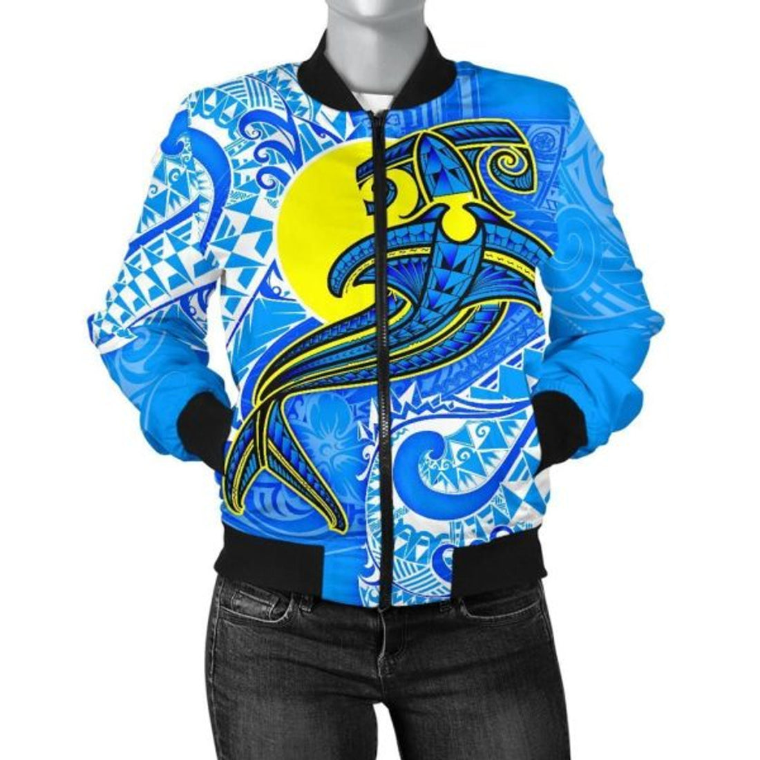 FUNSTUFFPRINT Bomber Jacket Palau Polynesian - Palau Flag with Polynesian Tattoo 3D Bomber Jacket