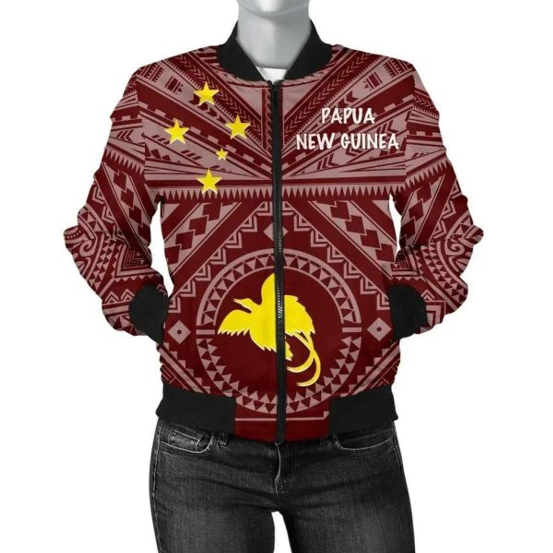 FUNSTUFFPRINT Bomber Jacket Papua New Guinea - Flag With Polynesian Patterns (Red) 3D Bomber Jacket