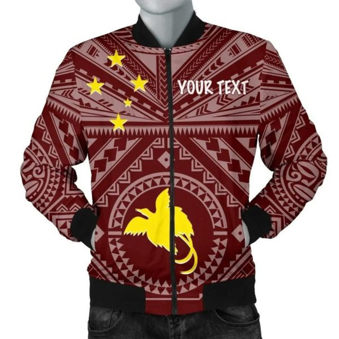 FUNSTUFFPRINT Bomber Jacket Papua New Guinea Personalised - Flag With Polynesian Patterns (Black) 3D Bomber Jacket