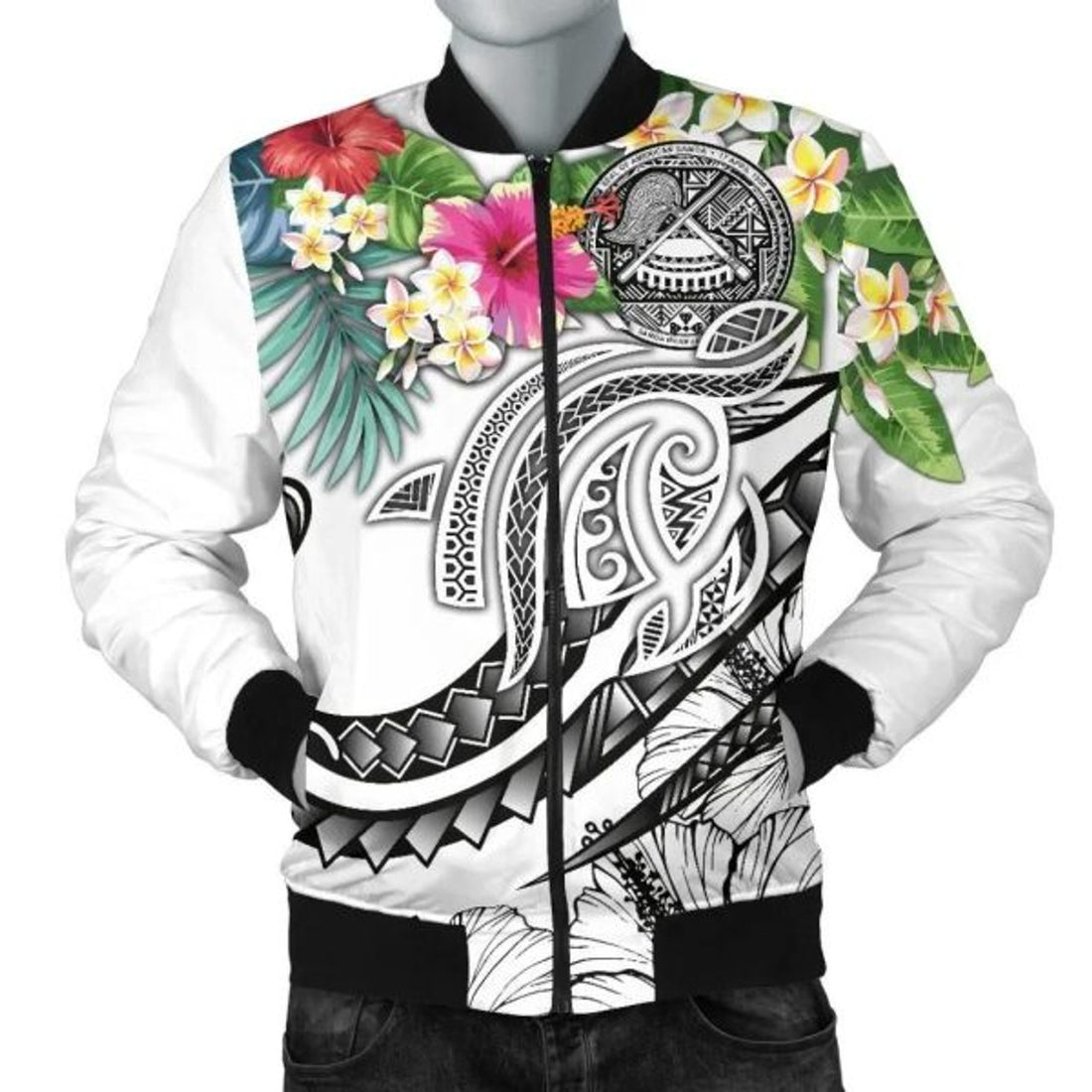 FUNSTUFFPRINT Bomber Jacket Polynesian American Samoa - Summer Plumeria (White) 3D Bomber Jacket