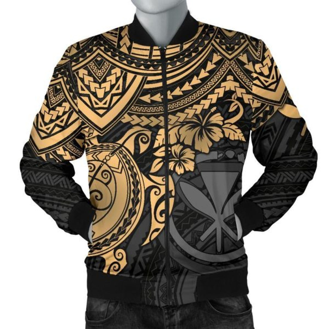 FUNSTUFFPRINT Bomber Jacket Polynesian Hawaii - Gold Turtle 3D Bomber Jacket