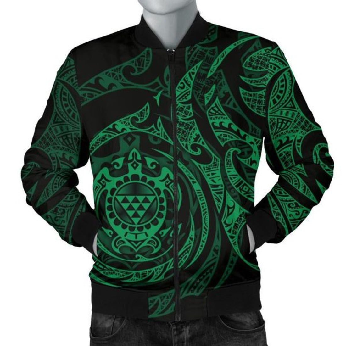 FUNSTUFFPRINT Bomber Jacket Polynesian Hawaii - Green Turtle Tribal 3D Bomber Jacket