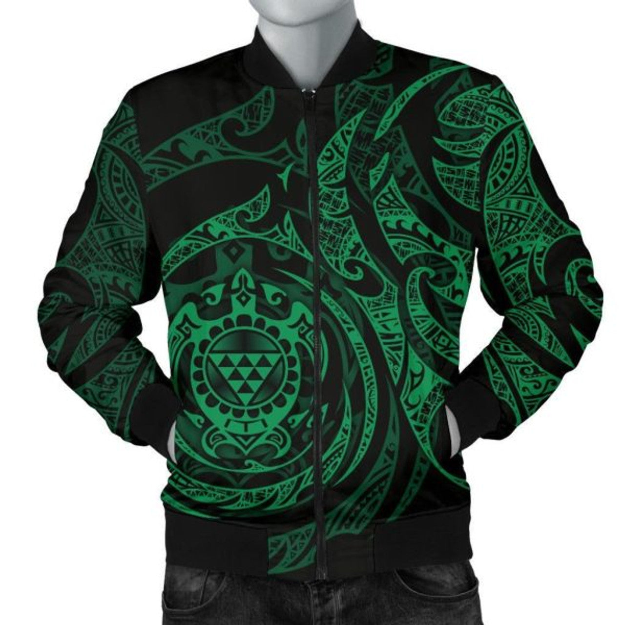FUNSTUFFPRINT Bomber Jacket Polynesian Hawaii - Green Turtle Tribal 3D Bomber Jacket