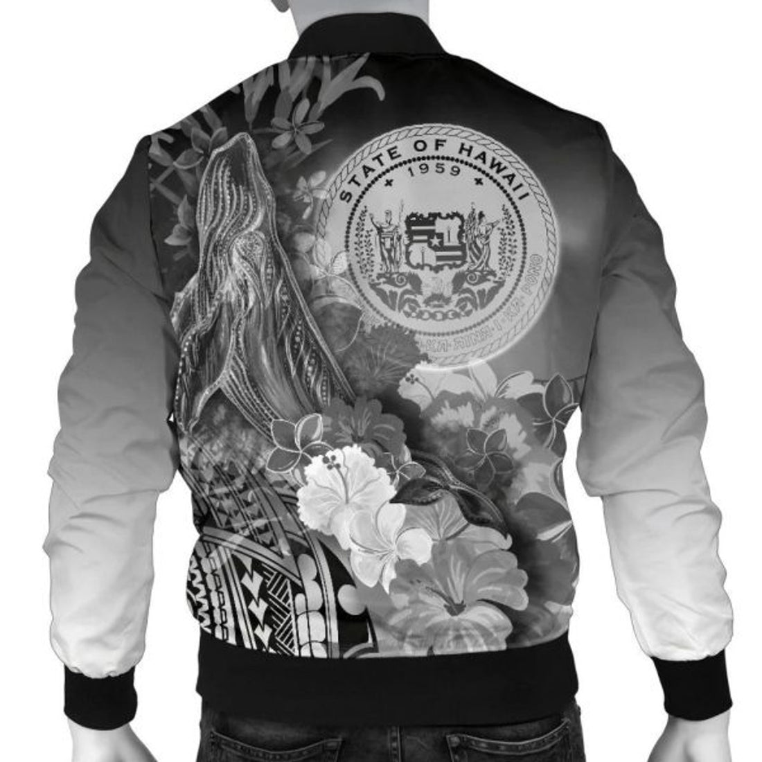 FUNSTUFFPRINT Bomber Jacket Polynesian Hawaii - Humpback Whale with Tropical Flowers (White) 3D Bomber Jacket