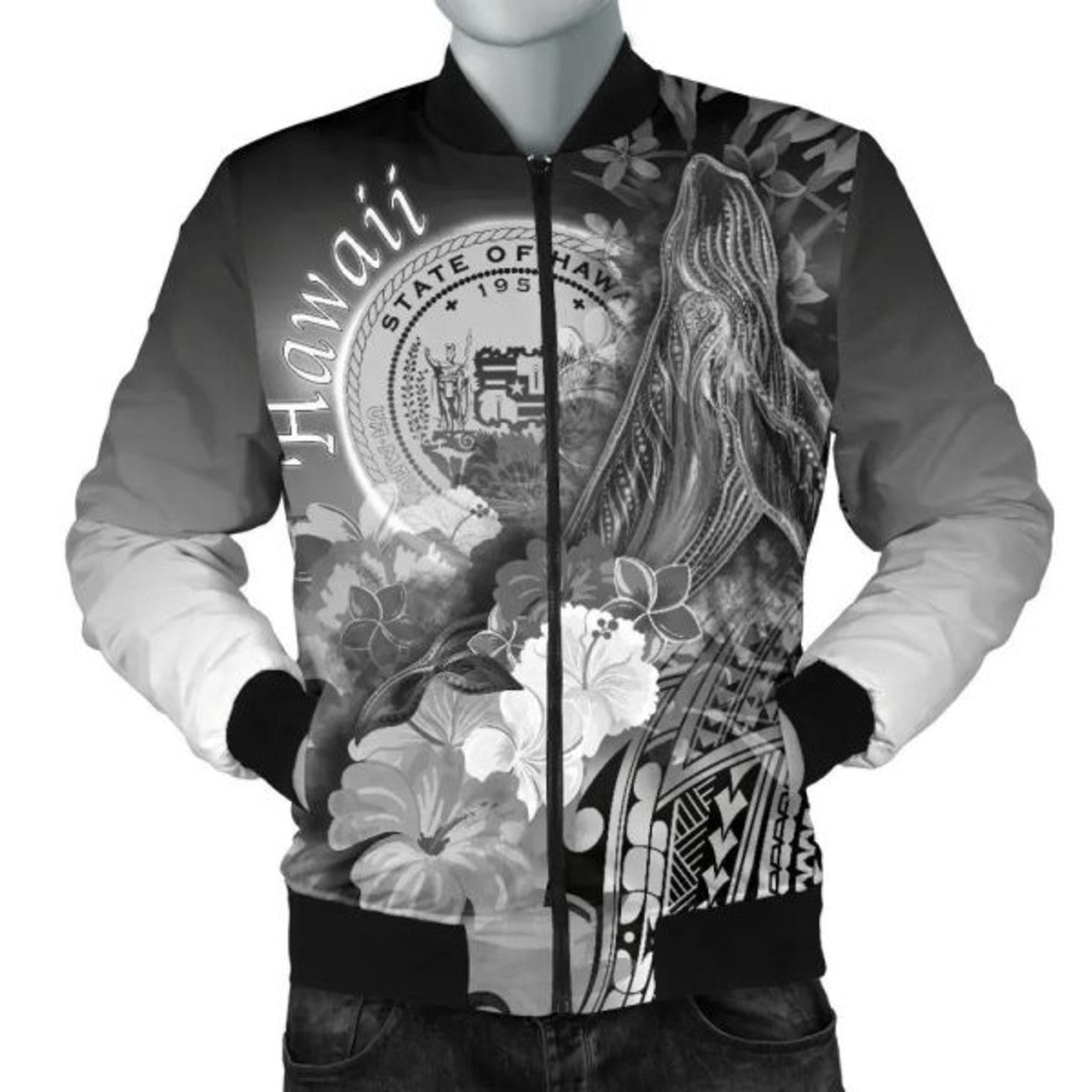 FUNSTUFFPRINT Bomber Jacket Polynesian Hawaii - Humpback Whale with Tropical Flowers (White) 3D Bomber Jacket