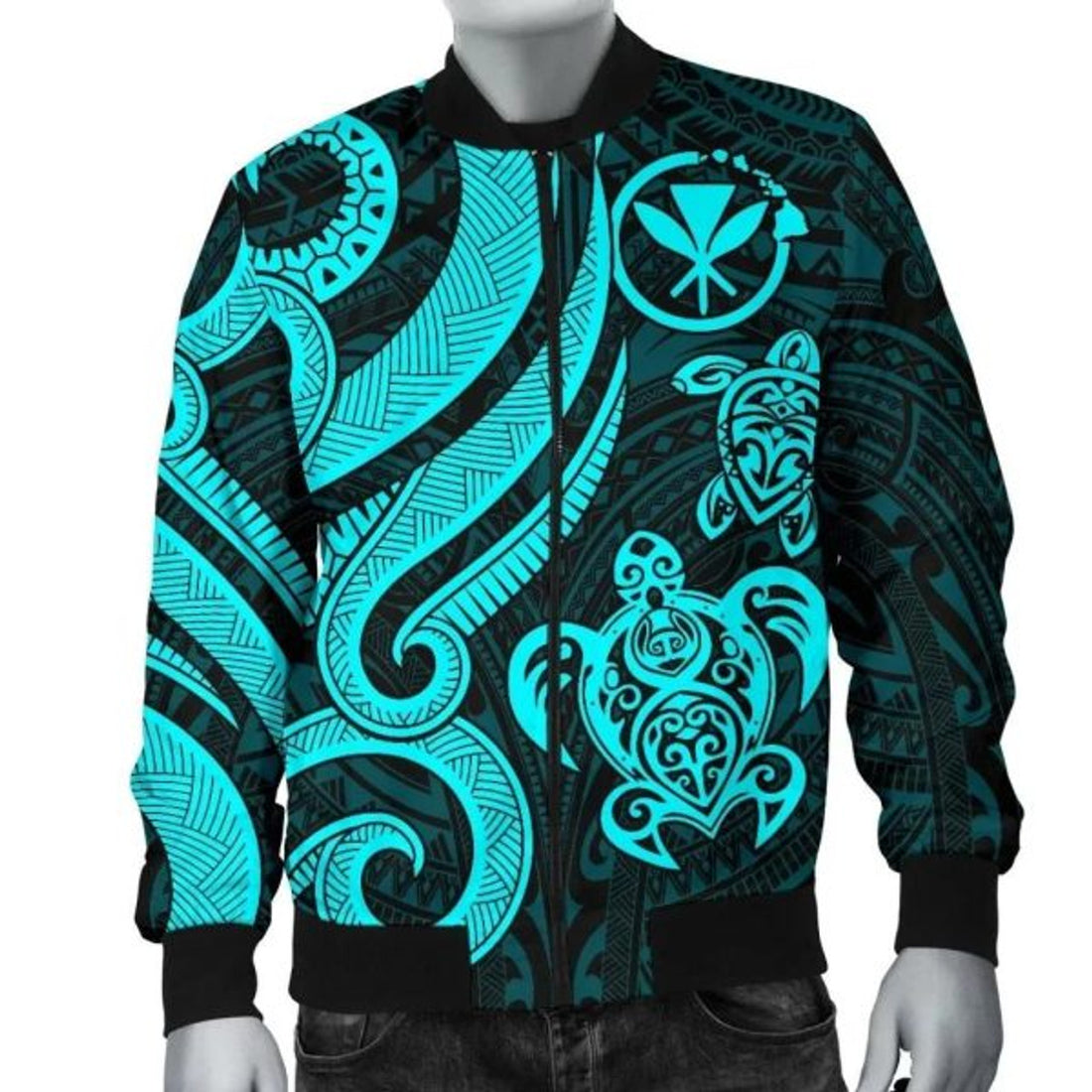 FUNSTUFFPRINT Bomber Jacket Polynesian Hawaii (Kanaka Maoli) - Blue Tentacle Turtle 3D Bomber Jacket