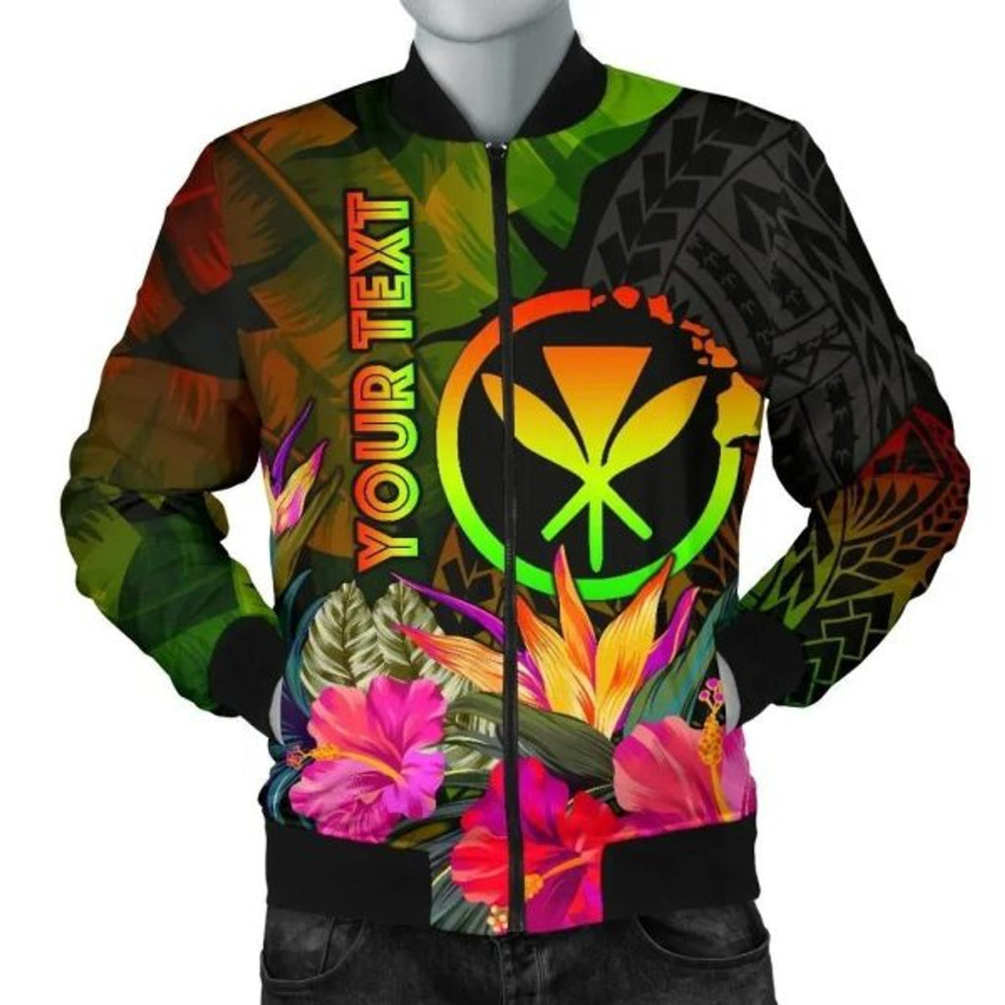FUNSTUFFPRINT Bomber Jacket Polynesian Hawaii Kanaka Maoli Polynesian Personalised - Hibiscus and Banana Leaves 3D Bomber Jacket