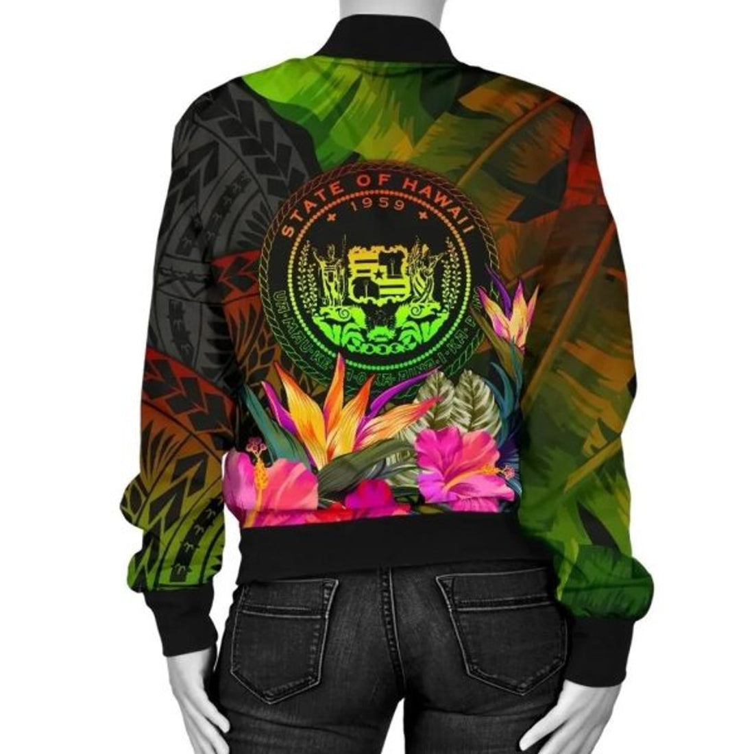 FUNSTUFFPRINT Bomber Jacket Polynesian Hawaii Polynesian Personalised - Hibiscus and Banana Leaves 3D Bomber Jacket