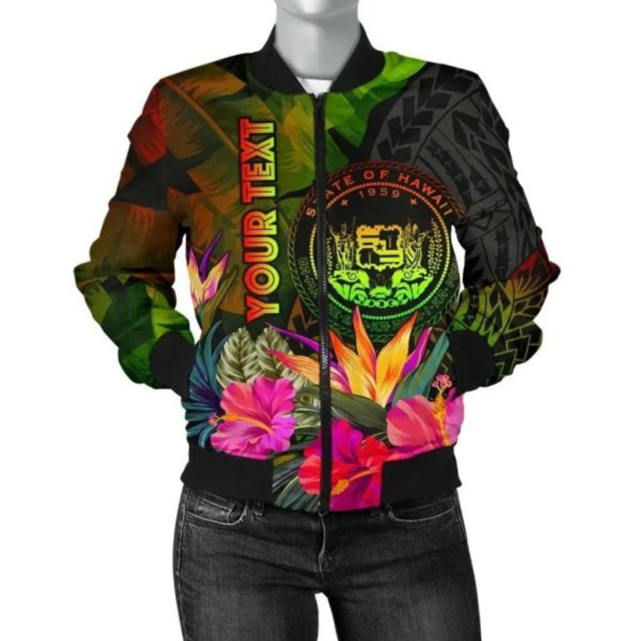 FUNSTUFFPRINT Bomber Jacket Polynesian Hawaii Polynesian Personalised - Hibiscus and Banana Leaves 3D Bomber Jacket