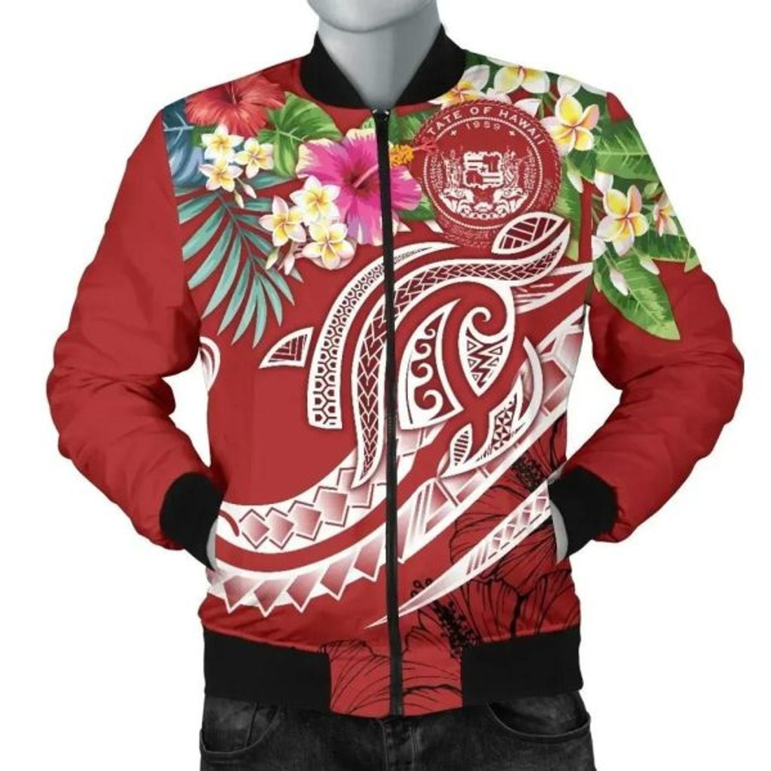 FUNSTUFFPRINT Bomber Jacket Polynesian Hawaii - Summer Plumeria (Red) 3D Bomber Jacket