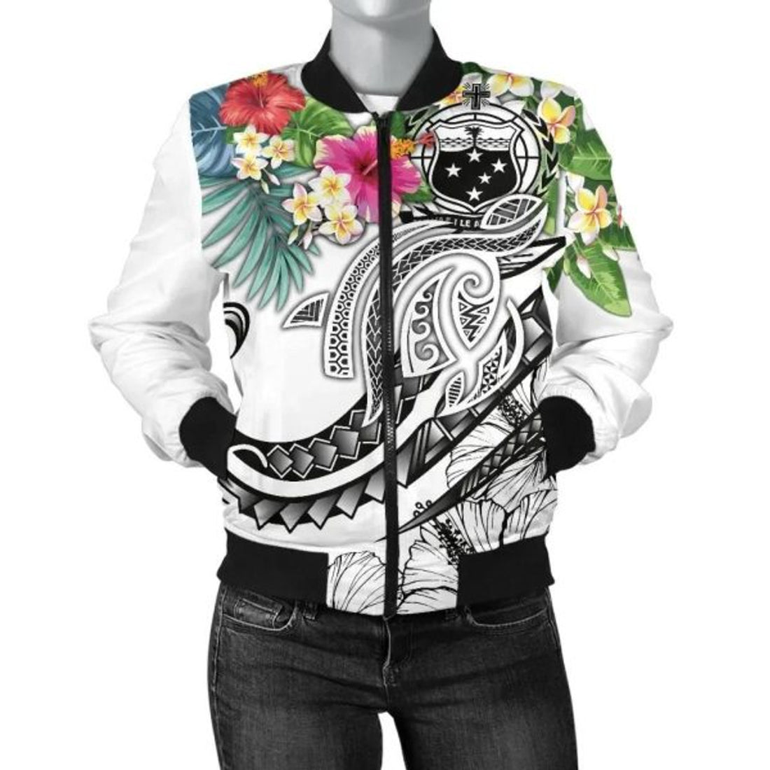 FUNSTUFFPRINT Bomber Jacket Polynesian Samoa - Summer Plumeria (White) 3D Bomber Jacket