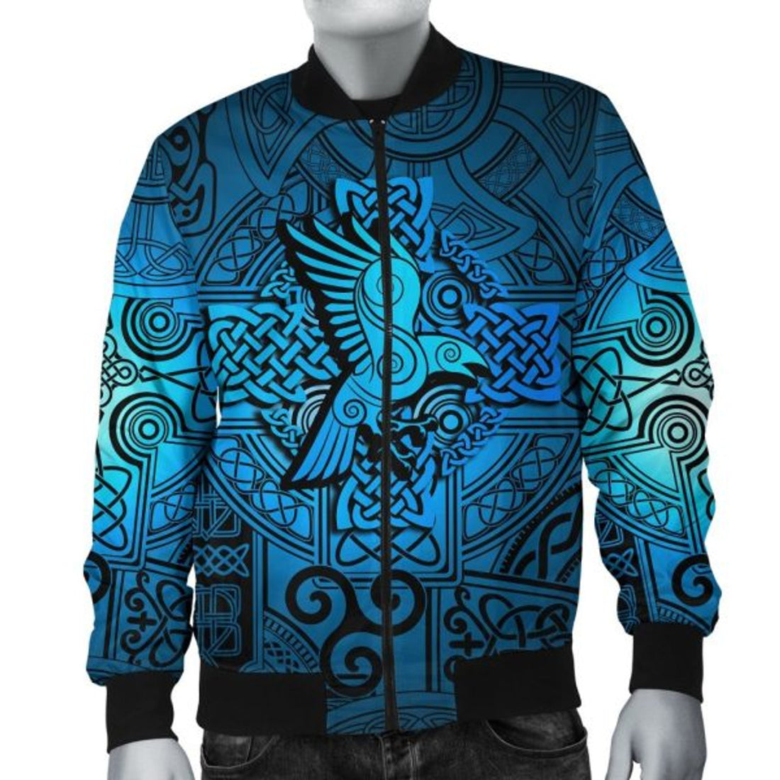 FUNSTUFFPRINT Bomber Jacket - Raven Odin Celtic Cyan 3D Bomber Jacket