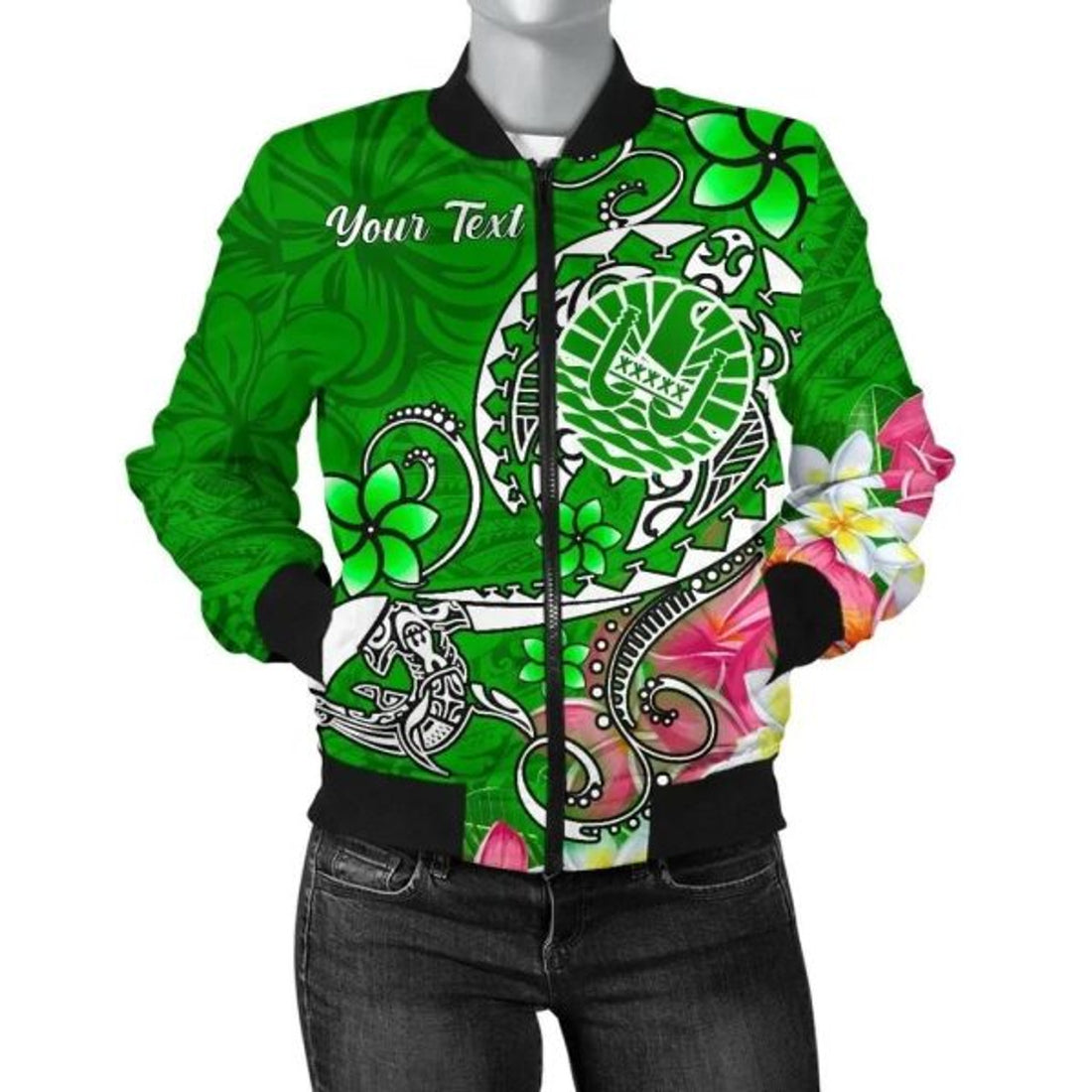 FUNSTUFFPRINT Bomber Jacket Tahiti Custom Personalised - Turtle Plumeria (Green) 3D Bomber Jacket