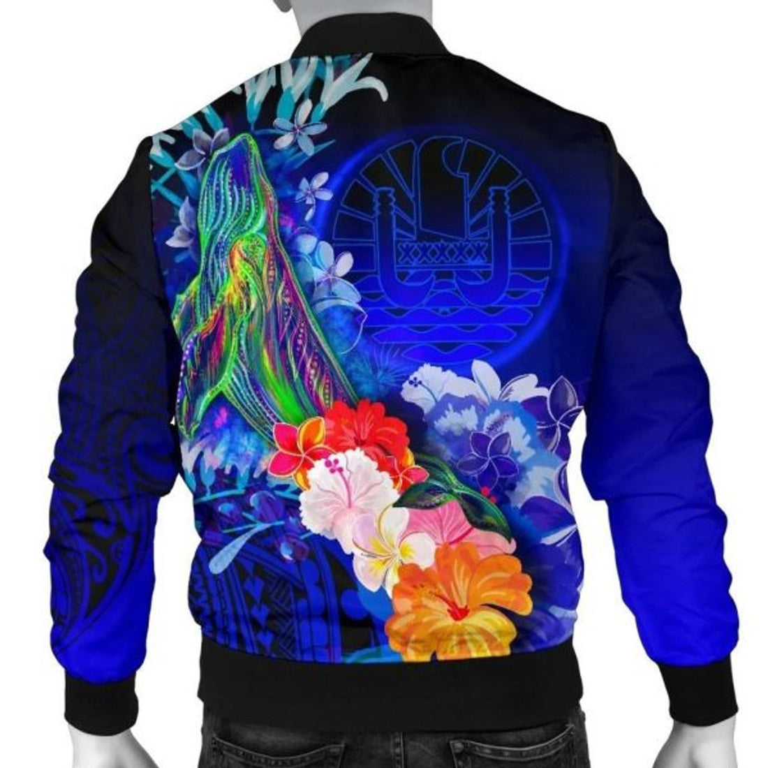 FUNSTUFFPRINT Bomber Jacket Tahiti - Humpback Whale with Tropical Flowers (Blue) 3D Bomber Jacket