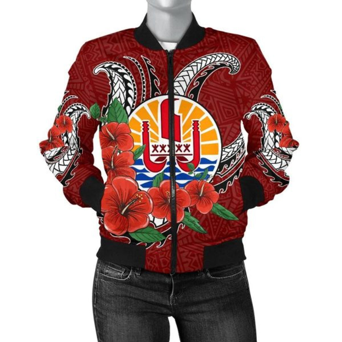 FUNSTUFFPRINT Bomber Jacket Tahiti Polynesian Hibiscus Coat of Arm Red 3D Bomber Jacket