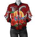 FUNSTUFFPRINT Bomber Jacket Tahiti Polynesian Hibiscus Coat of Arm Red 3D Bomber Jacket