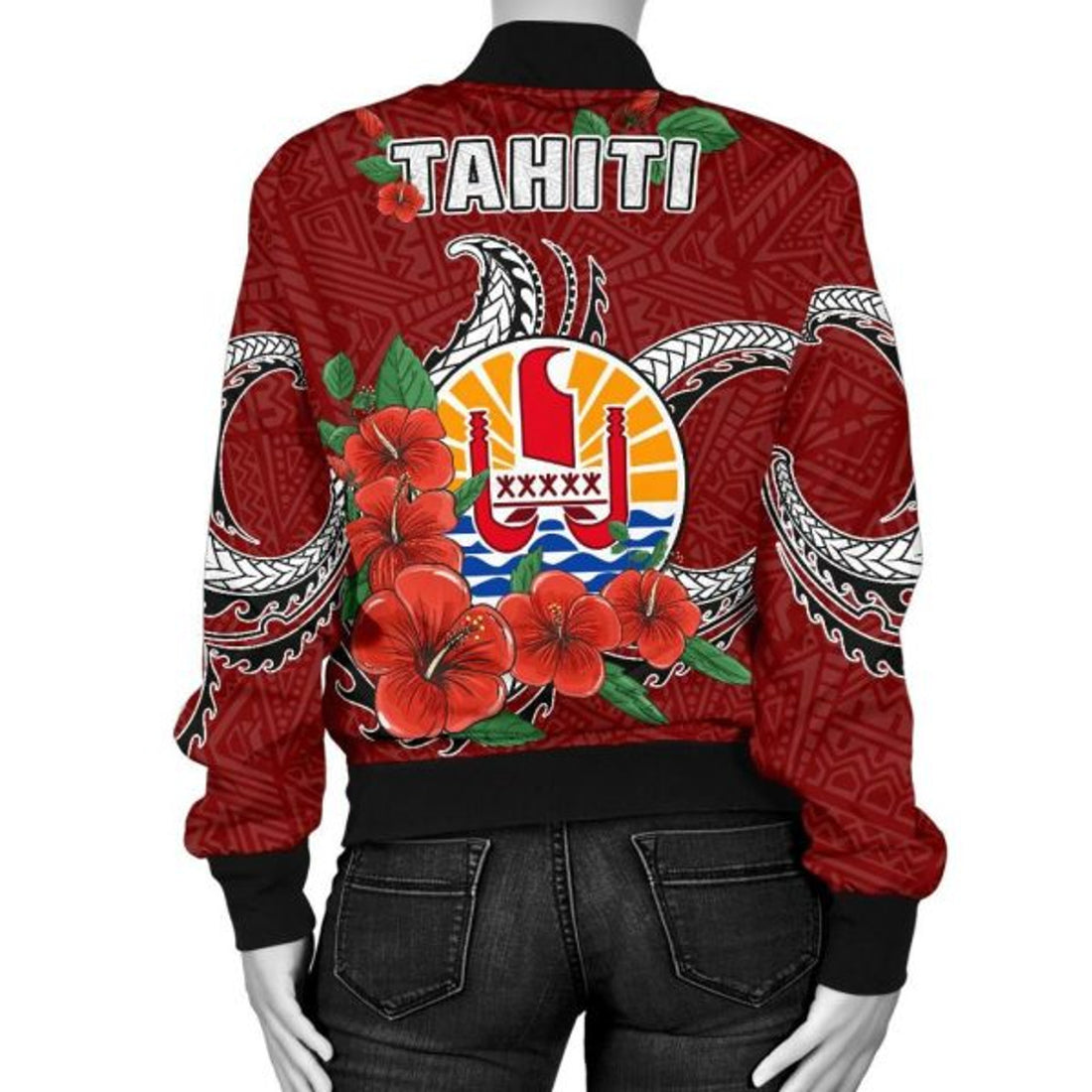 FUNSTUFFPRINT Bomber Jacket Tahiti Polynesian Hibiscus Coat of Arm Red 3D Bomber Jacket