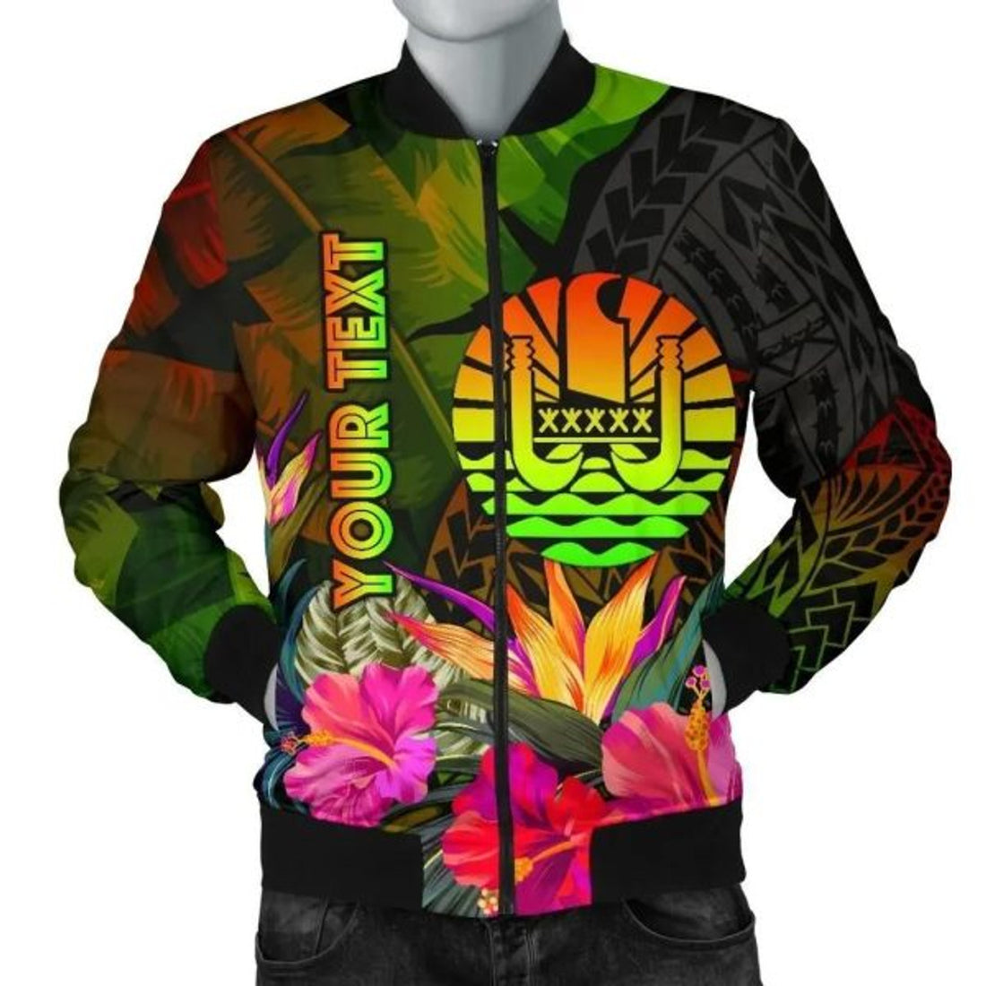 FUNSTUFFPRINT Bomber Jacket Tahiti Polynesian Personalised - Hibiscus and Banana Leaves 3D Bomber Jacket