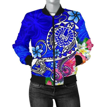 FUNSTUFFPRINT Bomber Jacket Tahiti - Turtle Plumeria (Blue) 3D Bomber Jacket