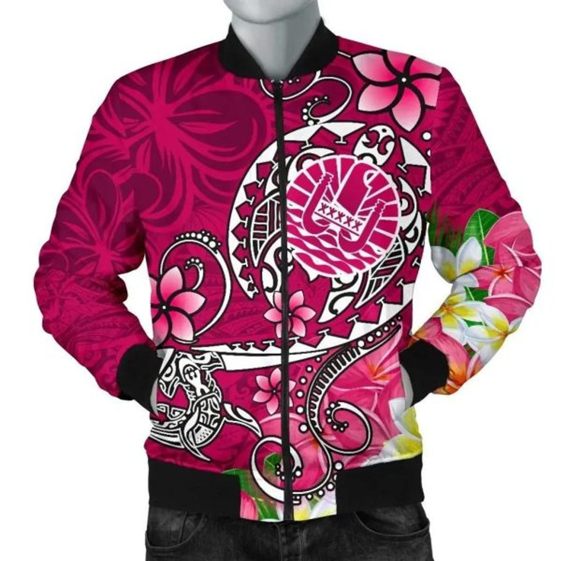 FUNSTUFFPRINT Bomber Jacket Tahiti - Turtle Plumeria (Pink) 3D Bomber Jacket
