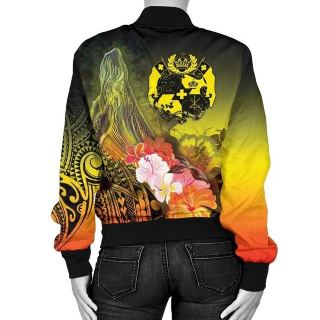 FUNSTUFFPRINT Bomber Jacket Tonga Custom Personalised - Humpback Whale with Tropical Flowers (Yellow) 3D Bomber Jacket