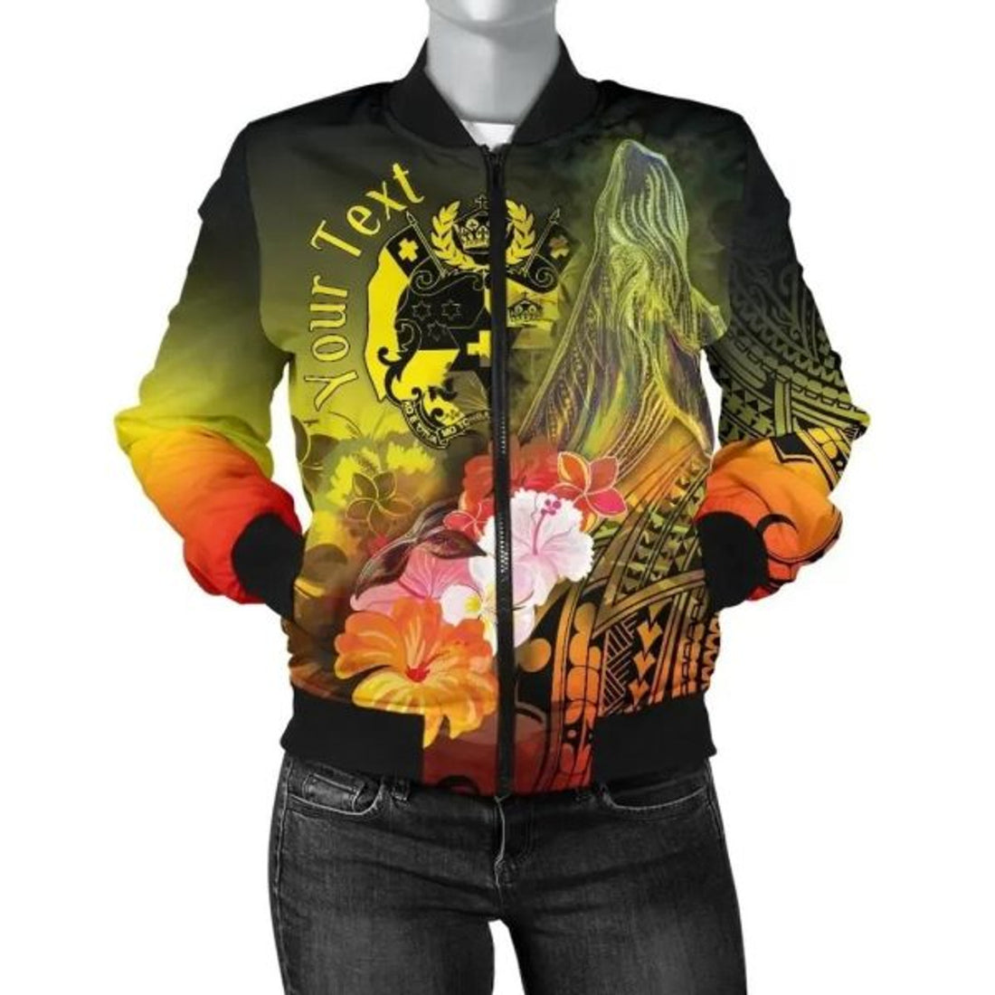 FUNSTUFFPRINT Bomber Jacket Tonga Custom Personalised - Humpback Whale with Tropical Flowers (Yellow) 3D Bomber Jacket