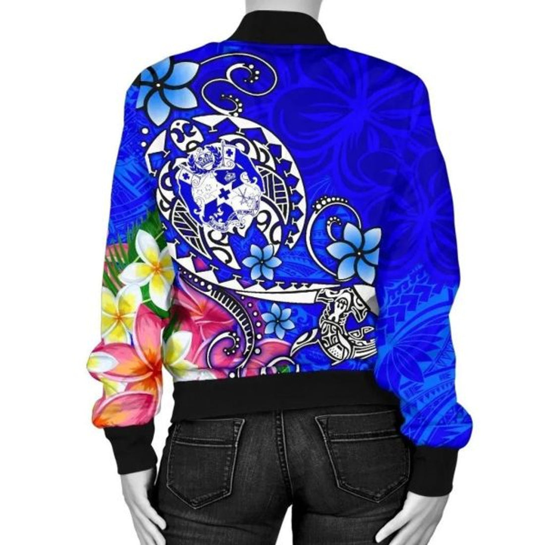 FUNSTUFFPRINT Bomber Jacket Tonga Custom Personalised - Turtle Plumeria (Blue) 3D Bomber Jacket