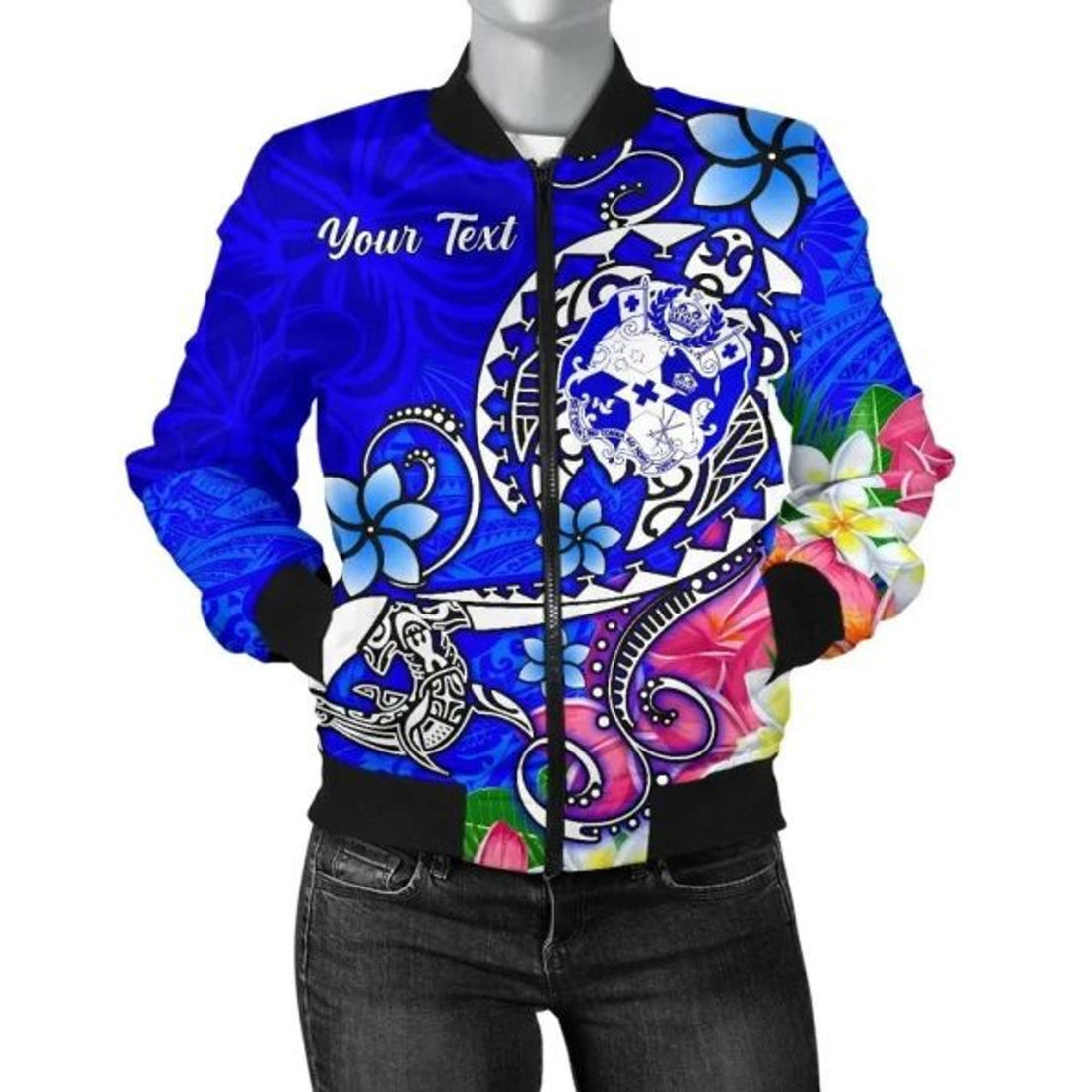 FUNSTUFFPRINT Bomber Jacket Tonga Custom Personalised - Turtle Plumeria (Blue) 3D Bomber Jacket