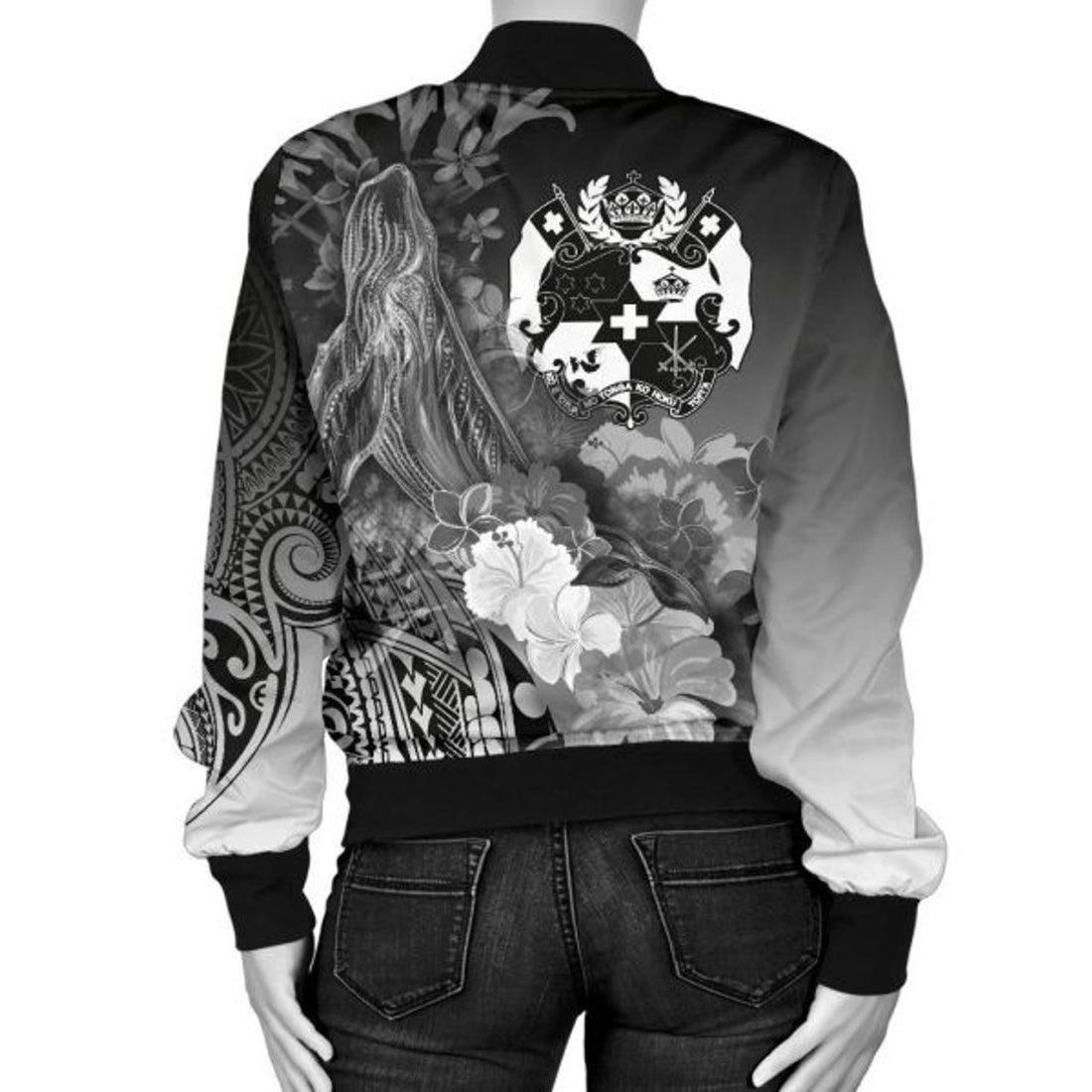 FUNSTUFFPRINT Bomber Jacket Tonga - Humpback Whale with Tropical Flowers (White) 3D Bomber Jacket