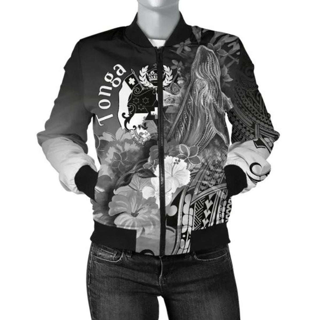 FUNSTUFFPRINT Bomber Jacket Tonga - Humpback Whale with Tropical Flowers (White) 3D Bomber Jacket