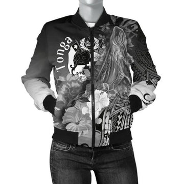 FUNSTUFFPRINT Bomber Jacket Tonga - Humpback Whale with Tropical Flowers (White) 3D Bomber Jacket