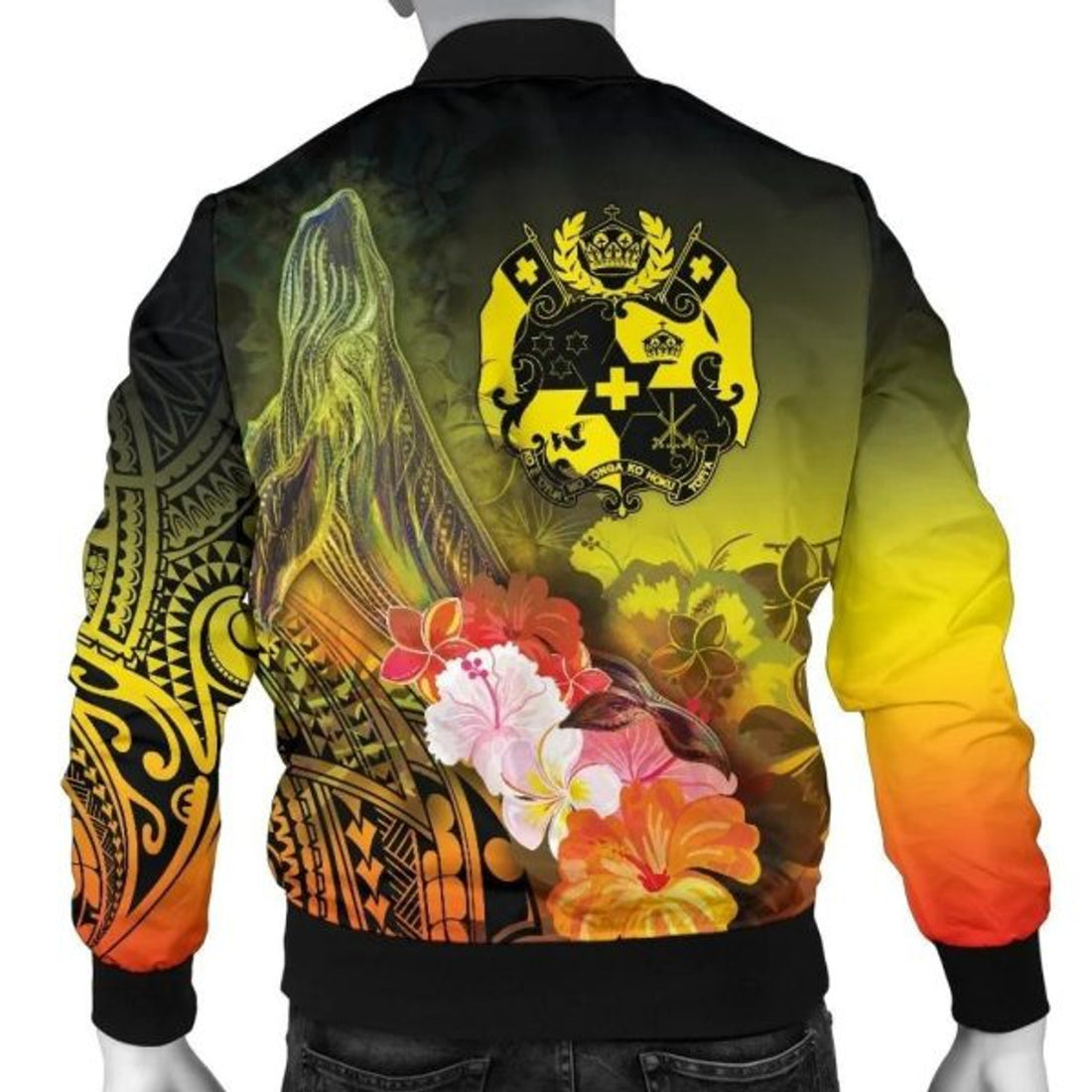 FUNSTUFFPRINT Bomber Jacket Tonga - Humpback Whale with Tropical Flowers (Yellow) 3D Bomber Jacket