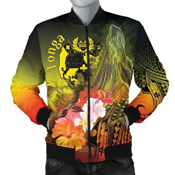 FUNSTUFFPRINT Bomber Jacket Tonga - Humpback Whale with Tropical Flowers (Yellow) 3D Bomber Jacket