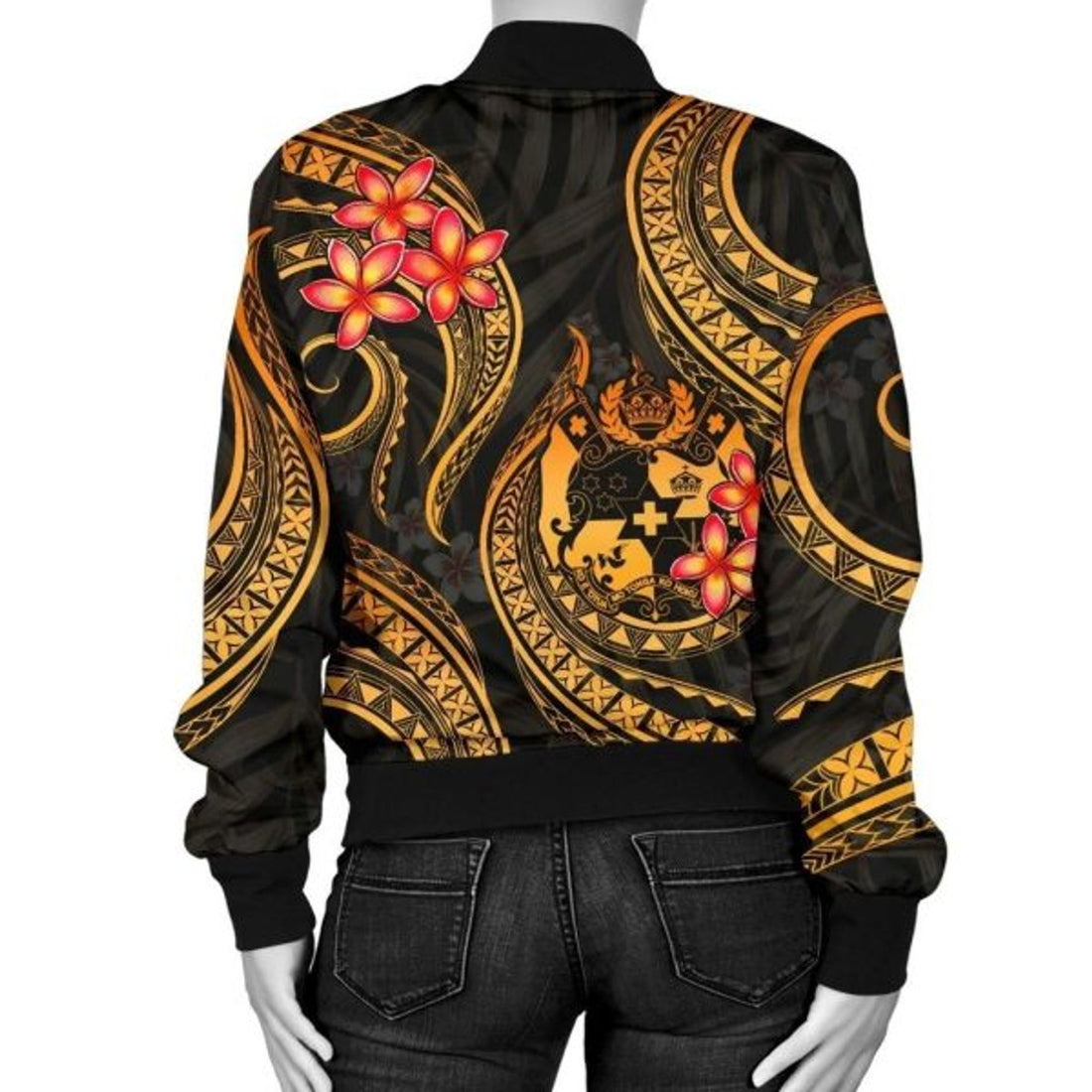 FUNSTUFFPRINT Bomber Jacket Tonga Polynesian Gold Plumeria 3D Bomber Jacket