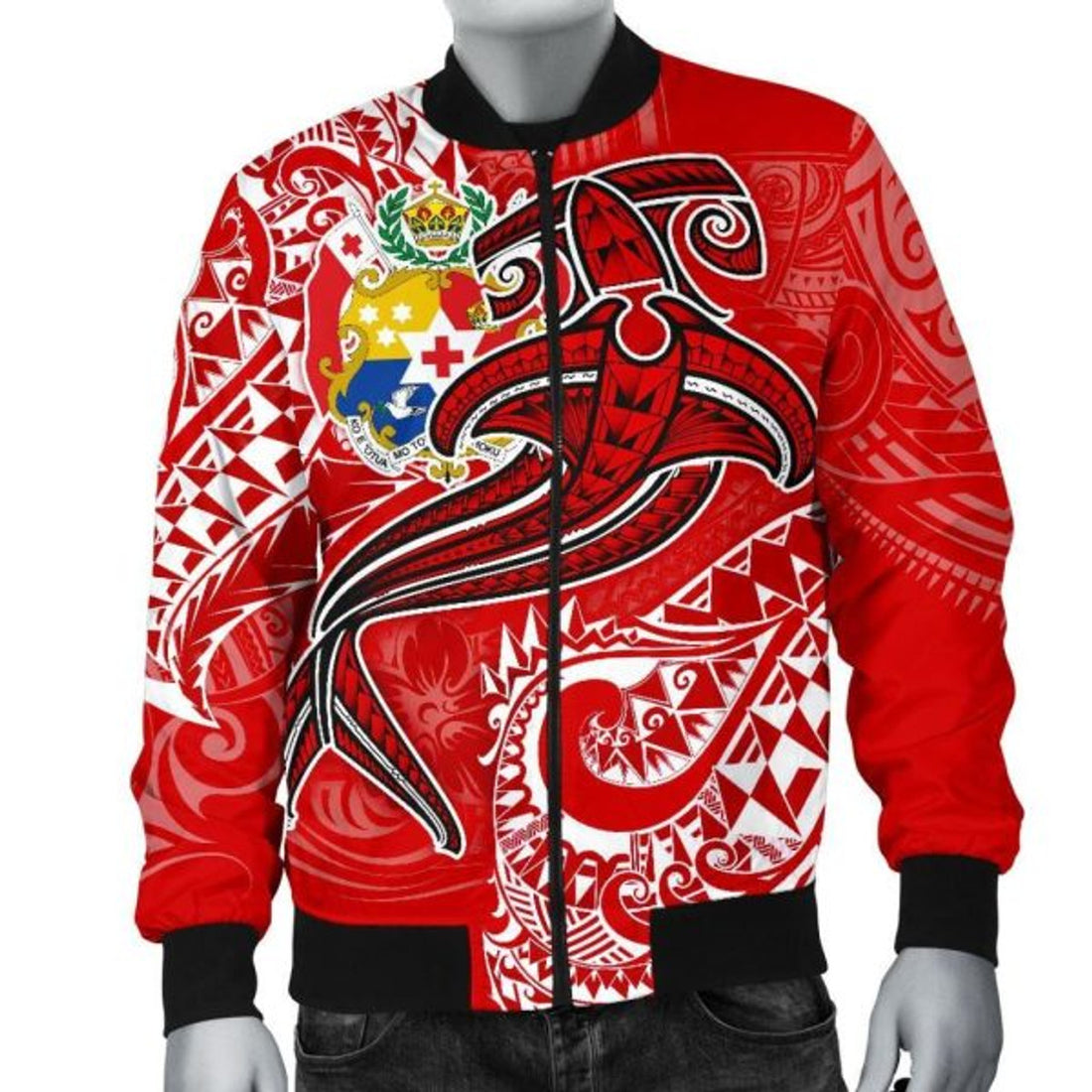 FUNSTUFFPRINT Bomber Jacket Tonga - Red Shark Polynesian Tattoo 3D Bomber Jacket
