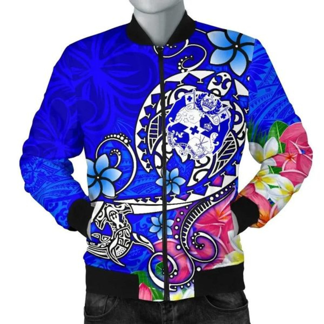 FUNSTUFFPRINT Bomber Jacket Tonga - Turtle Plumeria (Blue) 3D Bomber Jacket