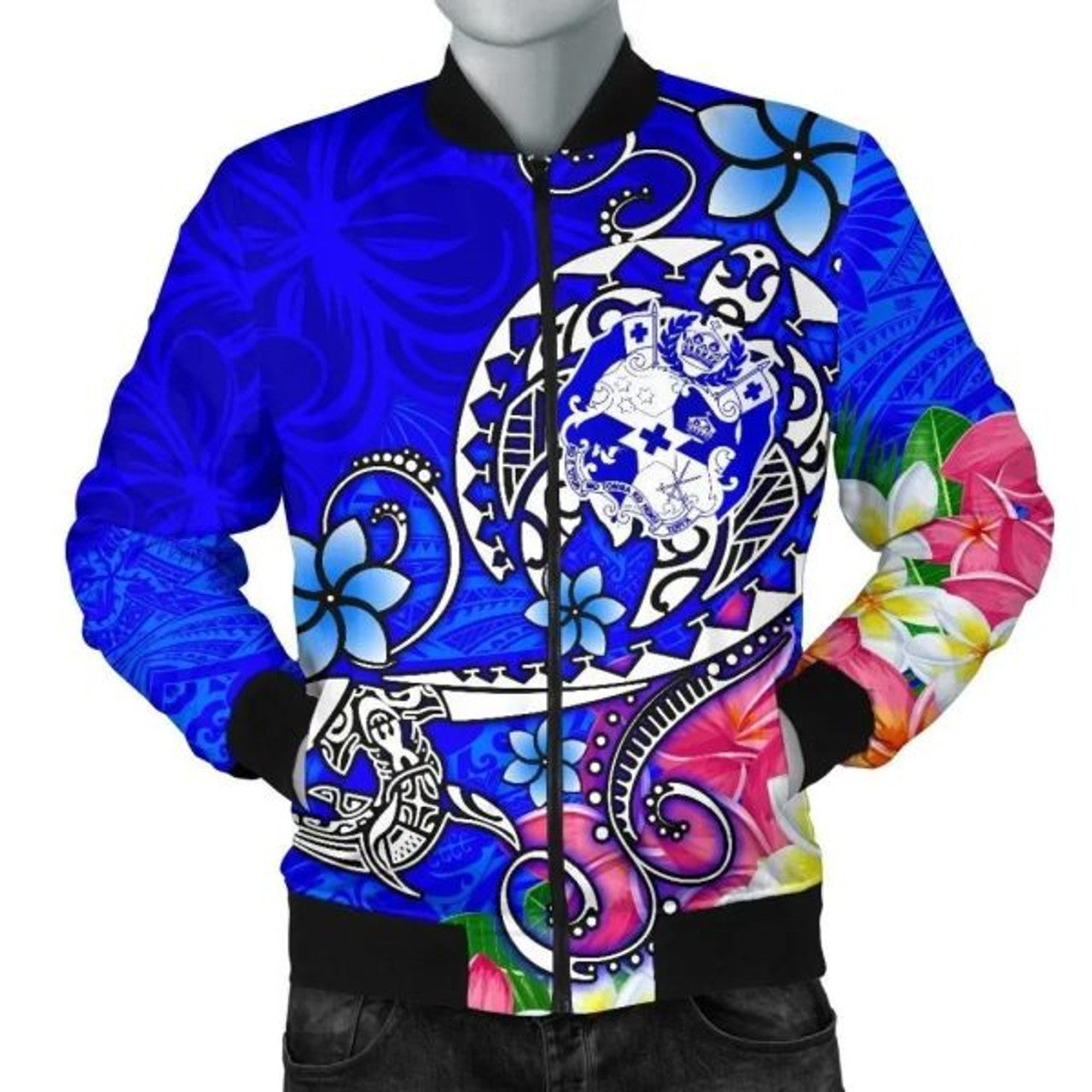 FUNSTUFFPRINT Bomber Jacket Tonga - Turtle Plumeria (Blue) 3D Bomber Jacket