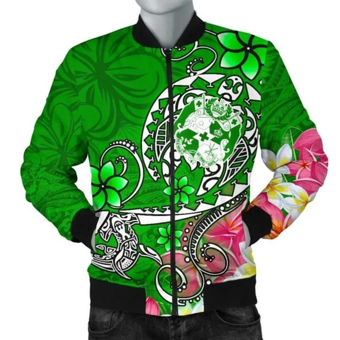 FUNSTUFFPRINT Bomber Jacket Tonga - Turtle Plumeria (Green) 3D Bomber Jacket
