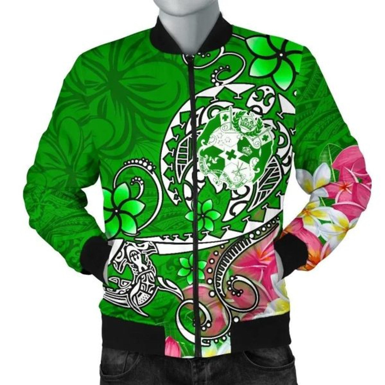 FUNSTUFFPRINT Bomber Jacket Tonga - Turtle Plumeria (Green) 3D Bomber Jacket