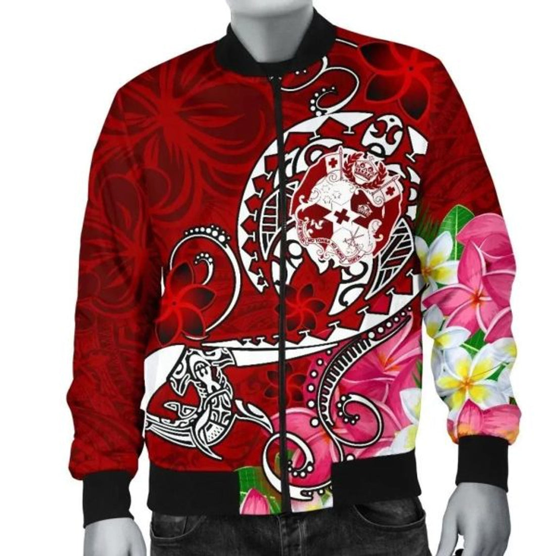 FUNSTUFFPRINT Bomber Jacket Tonga - Turtle Plumeria (Red) 3D Bomber Jacket