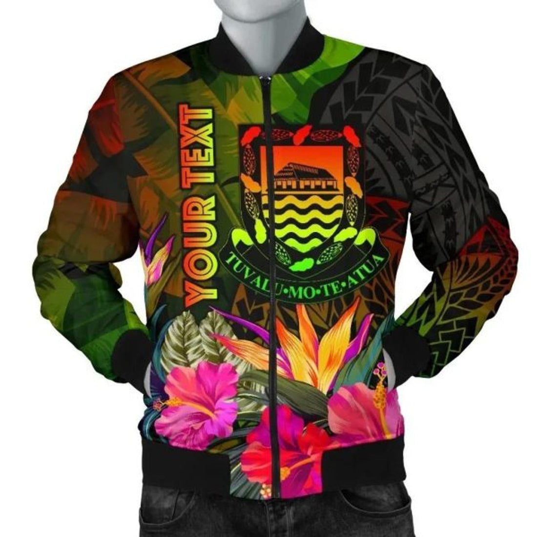 FUNSTUFFPRINT Bomber Jacket Tuvalu Polynesian Personalised - Hibiscus and Banana Leaves 3D Bomber Jacket
