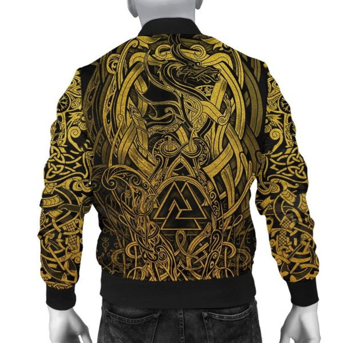 FUNSTUFFPRINT Bomber Jacket - Valknut and Dragon Tattoo Golden 3D Bomber Jacket