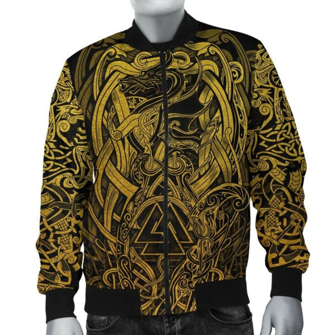 FUNSTUFFPRINT Bomber Jacket - Valknut and Dragon Tattoo Golden 3D Bomber Jacket