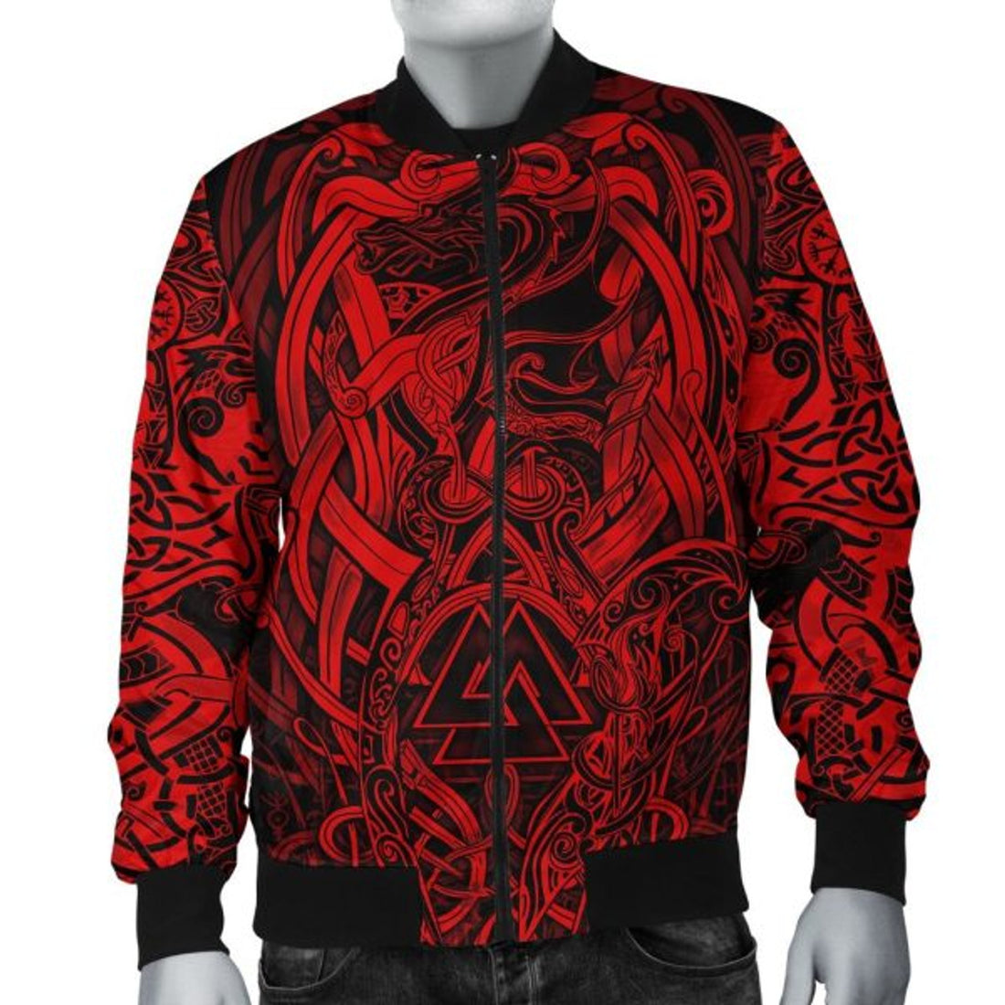 FUNSTUFFPRINT Bomber Jacket - Valknut and Dragon Tattoo Red 3D Bomber Jacket