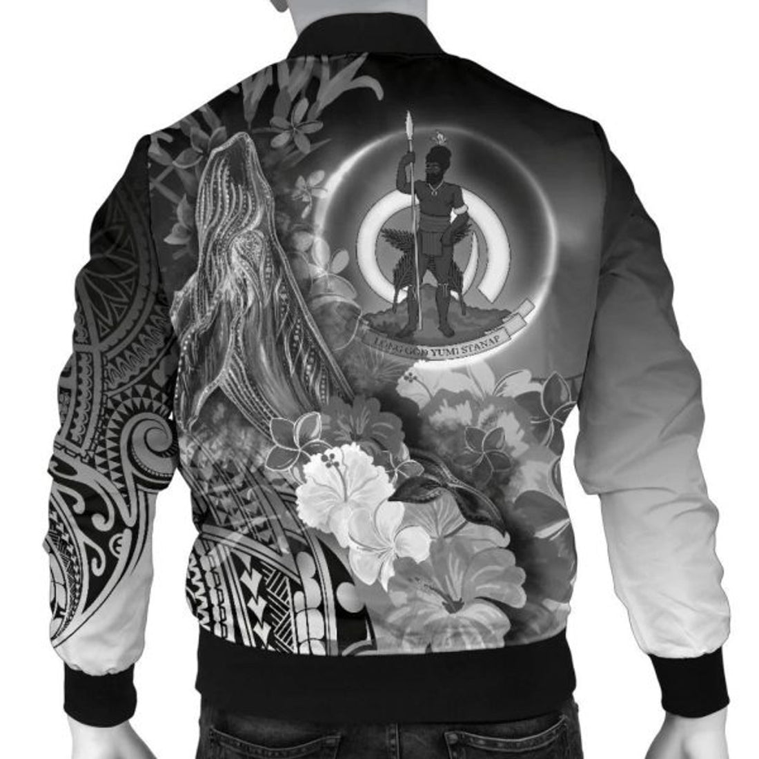 FUNSTUFFPRINT Bomber Jacket Vanuatu - Humpback Whale with Tropical Flowers (White) 3D Bomber Jacket