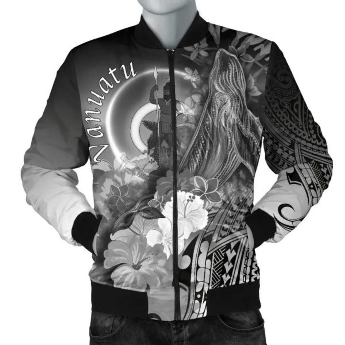 FUNSTUFFPRINT Bomber Jacket Vanuatu - Humpback Whale with Tropical Flowers (White) 3D Bomber Jacket