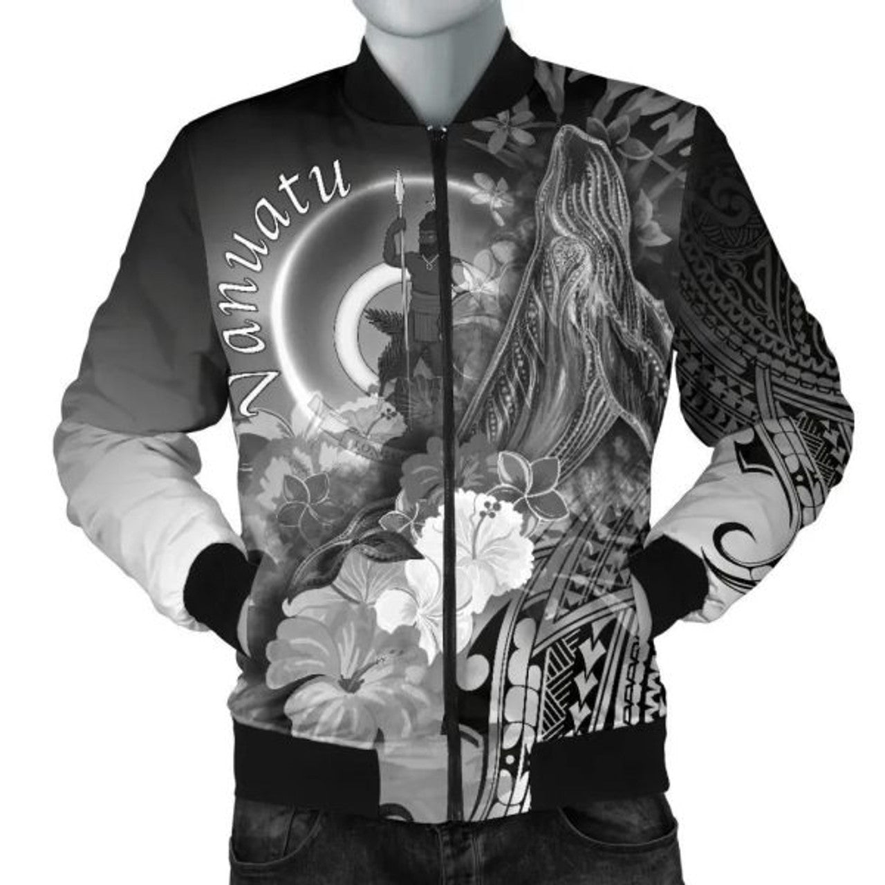 FUNSTUFFPRINT Bomber Jacket Vanuatu - Humpback Whale with Tropical Flowers (White) 3D Bomber Jacket